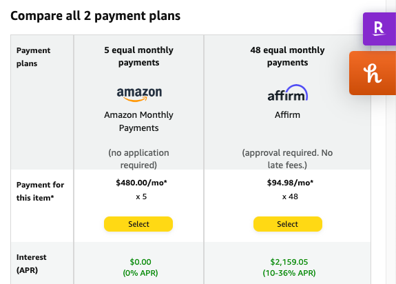 Screenshot of Amazon payment plan